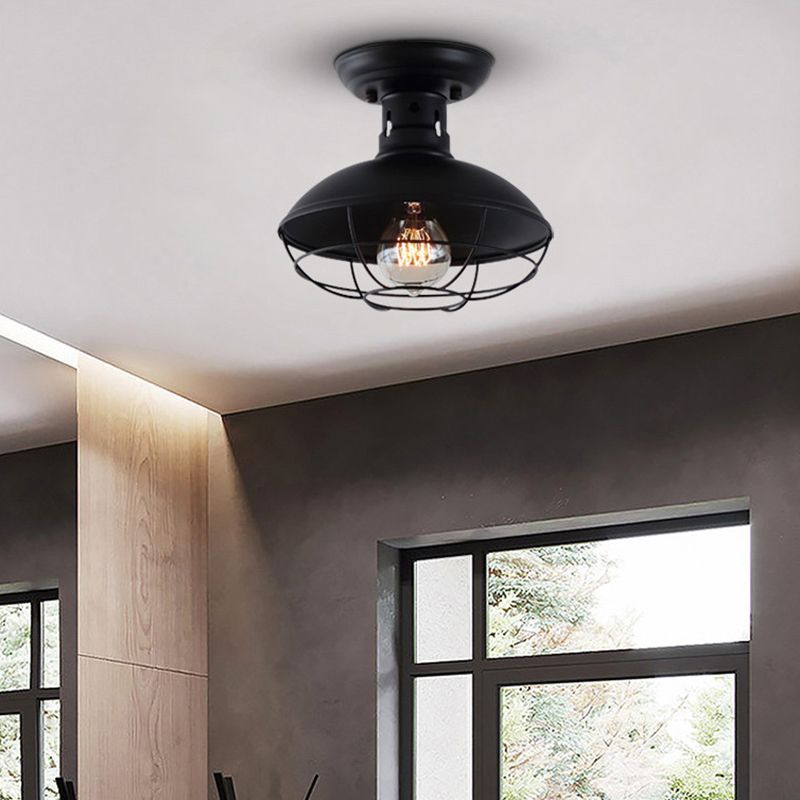 Wire Cage Ceiling Mounted Fixture Retro Style Black Metal Semi Flush Mount Light