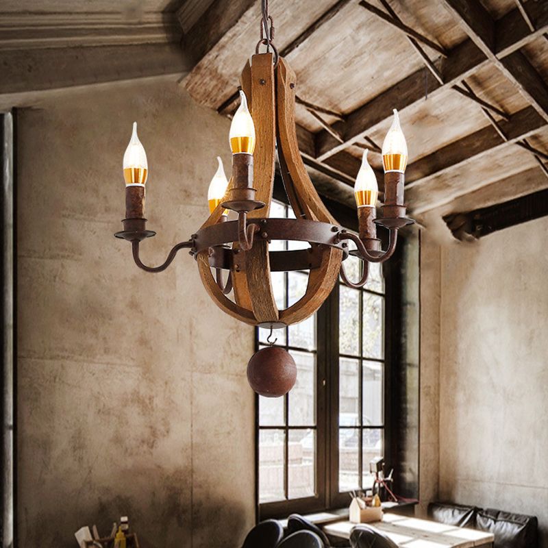 Rust 5 Lights Chandelier Lighting Rustic Wooden Basket Pendant Lamp for Restaurant, 16.5"/19.5" Wide