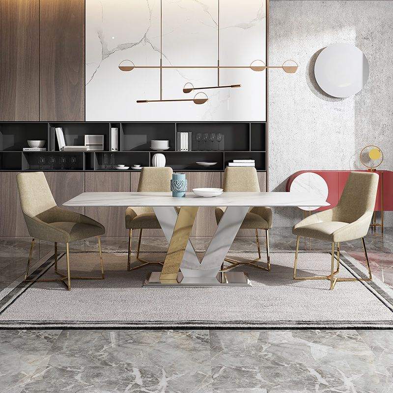 Luxury Sintered Stone Top Table Rectangle Table with Pedestal in Gold and Silver