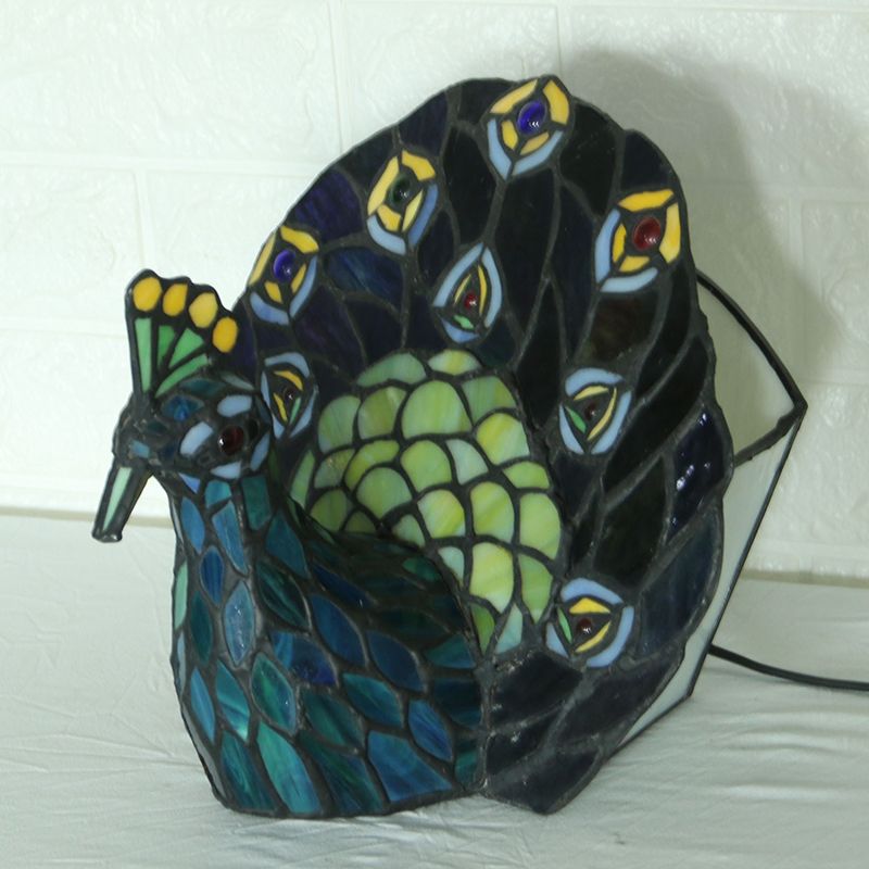Blue 1-Head Night Lamp Mediterranean Stained Art Glass Peacock Shaped Table Lighting