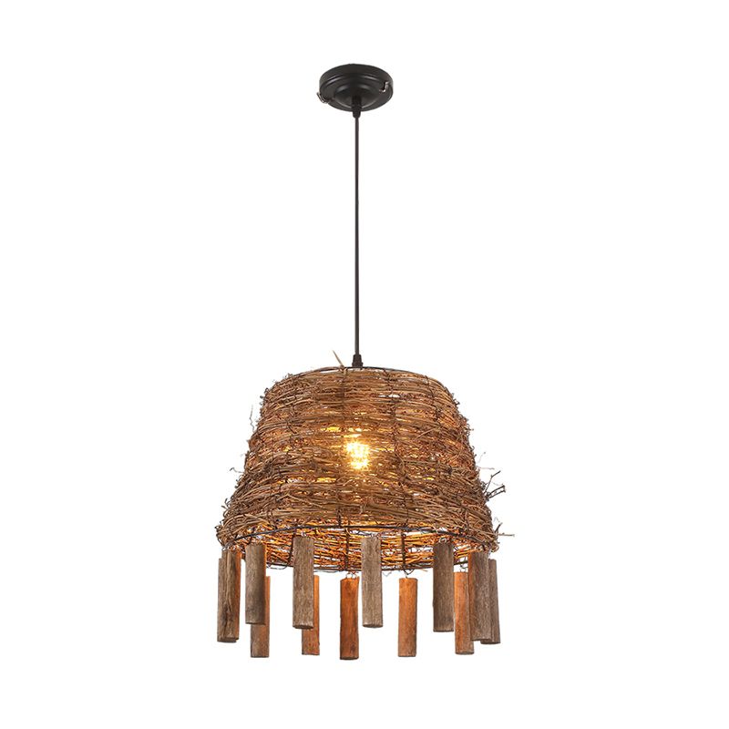 Rattan Conical Frustum Hanging Light Country 1-Bulb Restaurant Ceiling Pendant with Sticks Deco in Brown