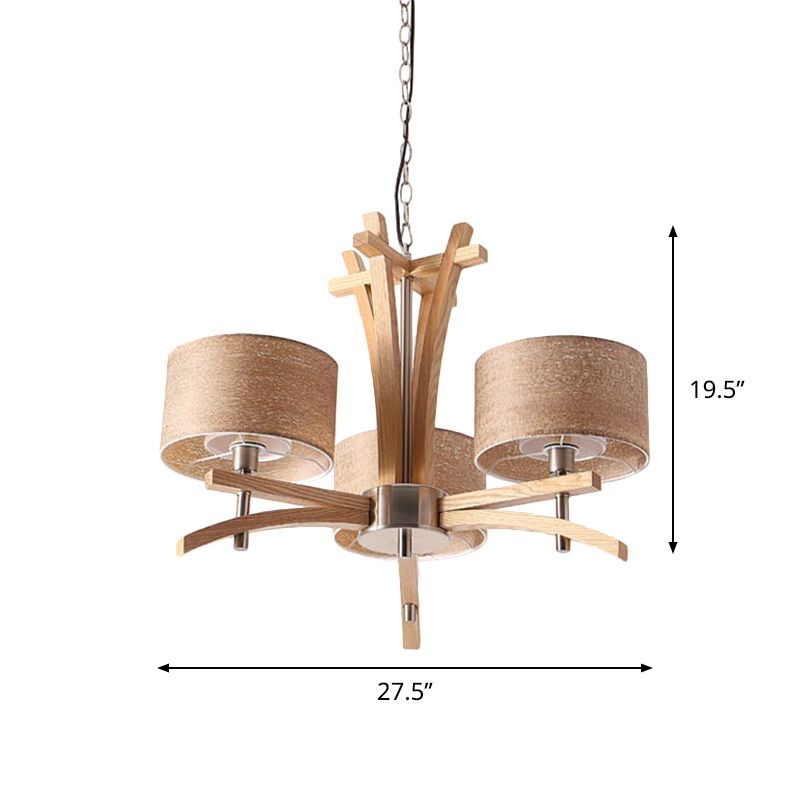 Beige Radial Ceiling Chandelier Modernist 3/6 Lights Wood Suspended Pendant Lamp with Shade