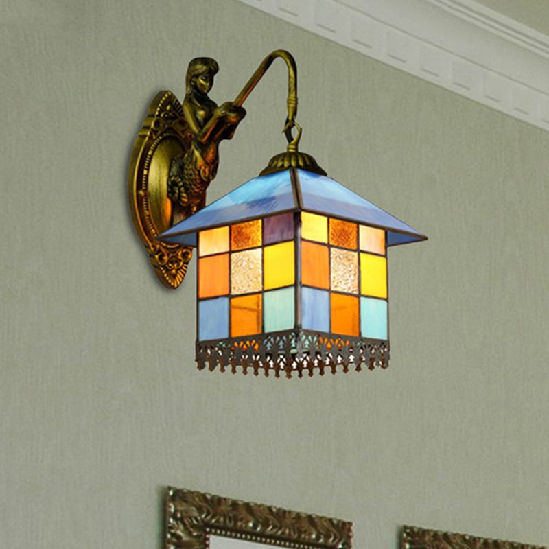House Wall Light Fixture Mediterranean Multicolor Stained Glass 1 Head Antique Brass Sconce Light