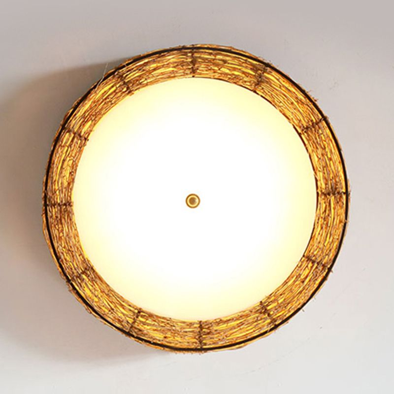 Ronde Vorm Plafondlamp Aziatische Stijl Rotan 3 Lichten Flush Mount voor Slaapkamer