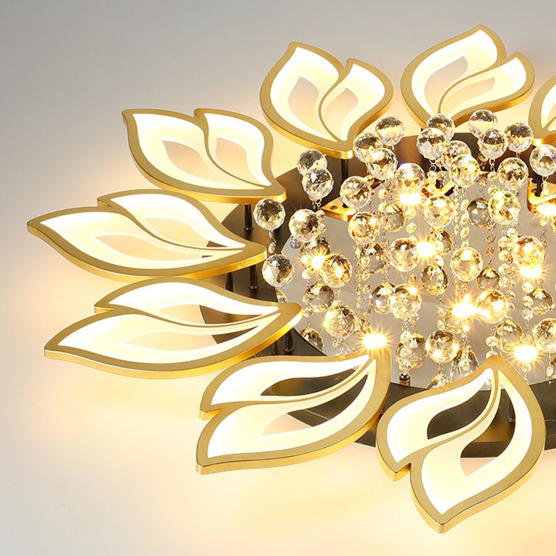Gold Finish Flower Ceiling Lighting Contemporary LED Metal Semi Flush Mount with Crystal Ball