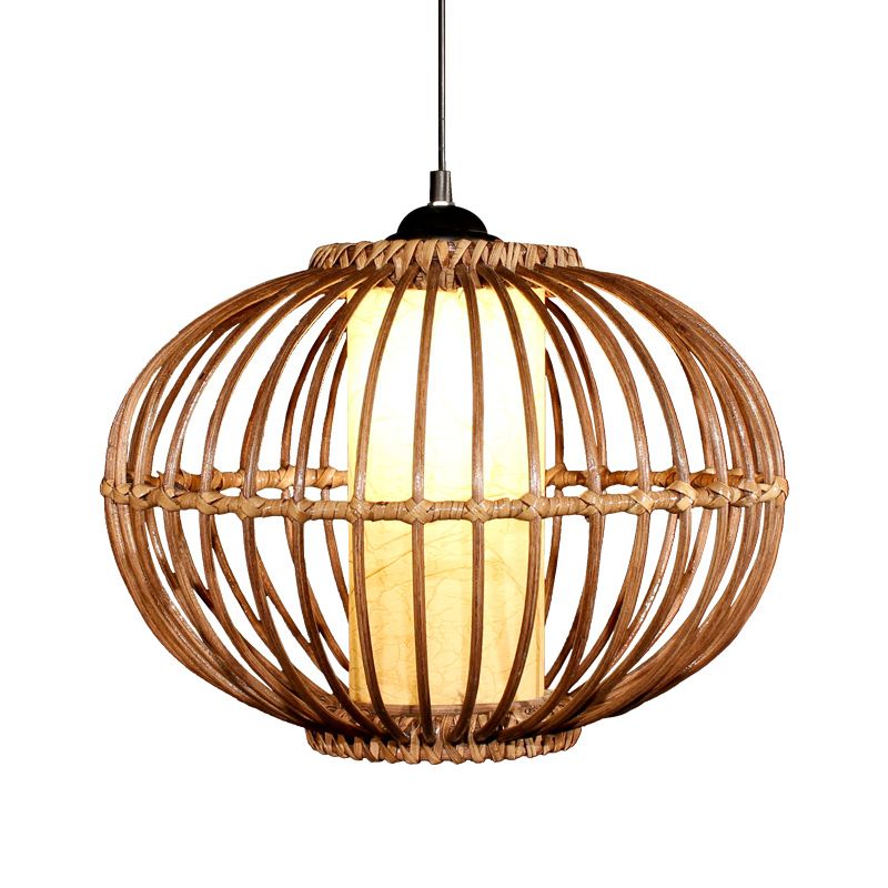 Bamboo Lantern Ceiling Light Asian 1 Bulb Brown Pendant Lighting Fixture with Inner Cylinder Parchment Shade