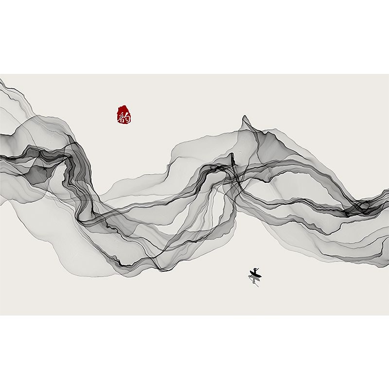 Large Illustration Style Traditional Mural for Coffee Shop with Veil and Fish man in Black and Grey