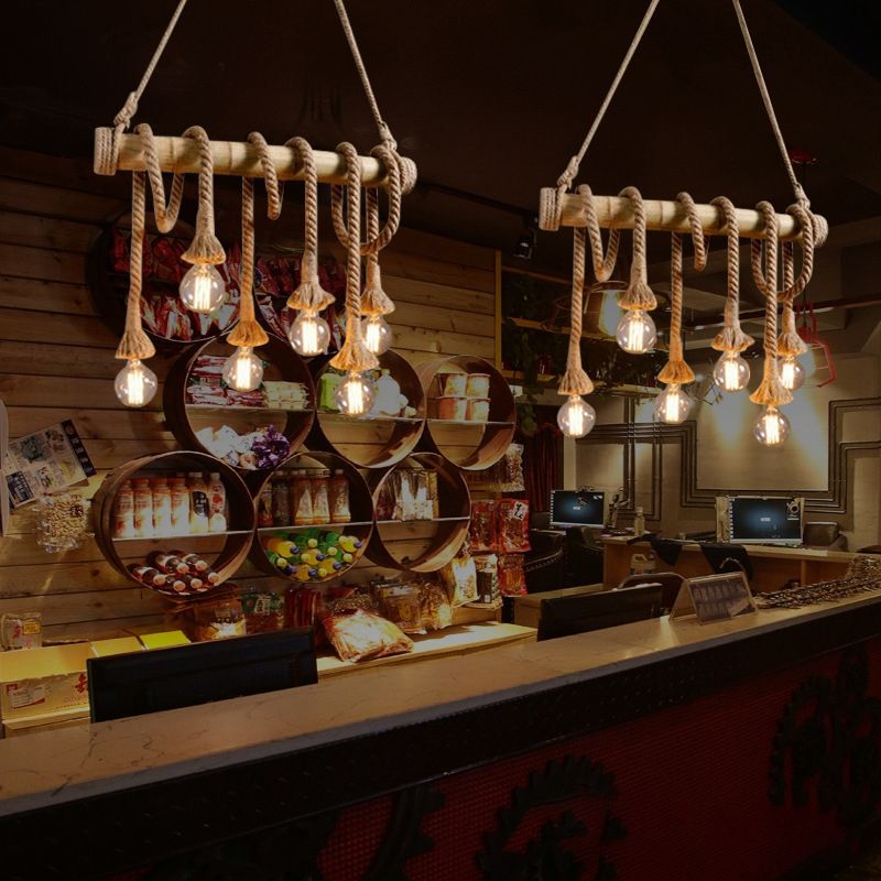 Linear Bar Island Lighting Country Hemp Rope 6 Bulbs Brown Pendant Lighting with Bamboo Stick