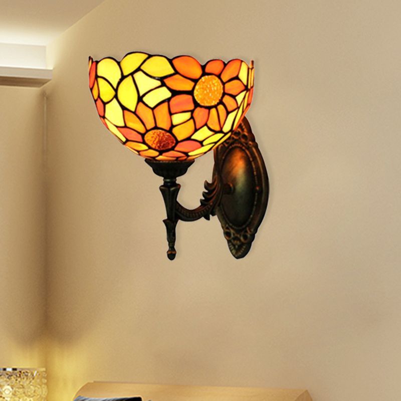 Stained Glass Sunflower Wall Sconce Kitchen 1 Head Rustic Tiffany Wall Lamp in Orange