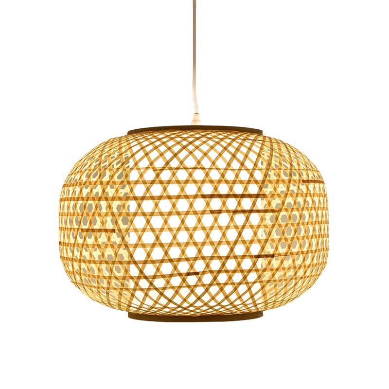 1 Head Bedroom Hanging Lamp Asia Beige Ceiling Pendant Light with Lantern Bamboo Shade