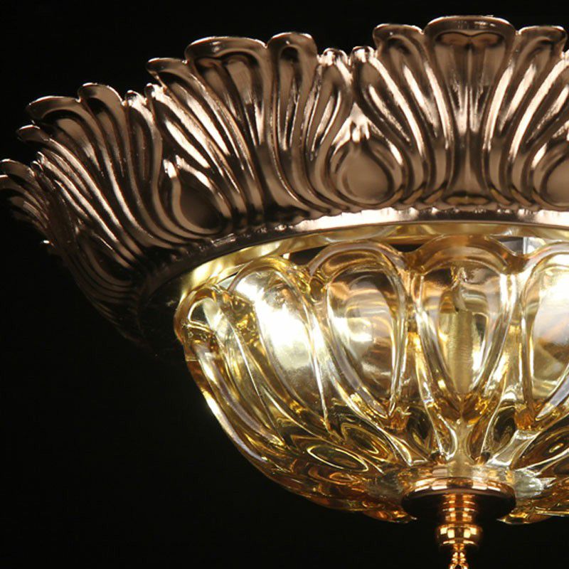 Lámpara de techo empotrada en forma de cuenco con 3 luces, accesorio de montaje empotrado de vidrio ámbar Retro con gota de cristal
