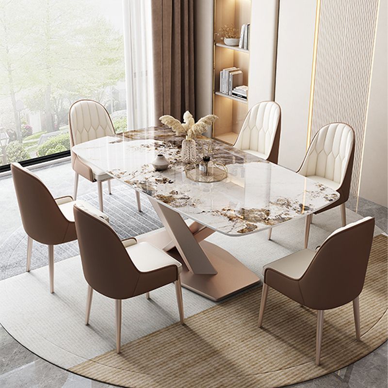 Traditional Luxury Dinner Table Rectangle Pedestal Table with Steel Base