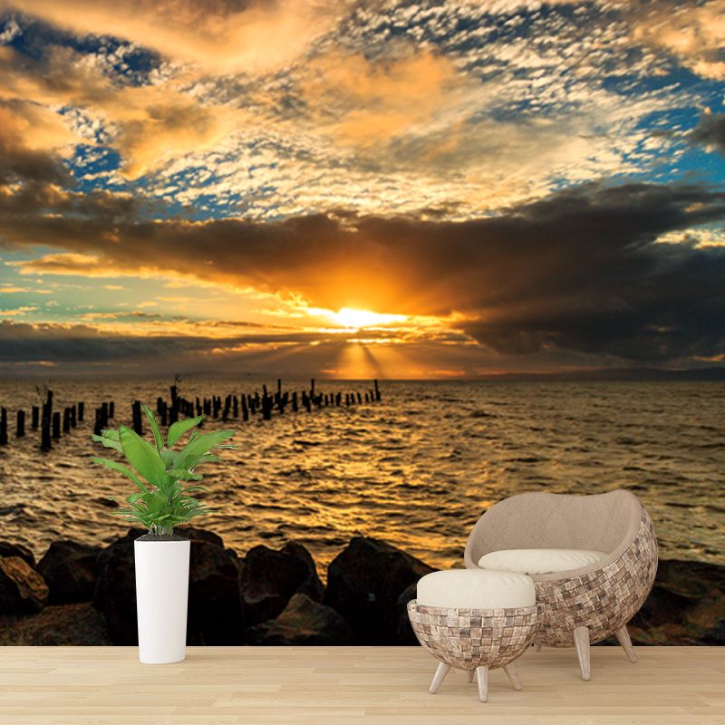 Yellow-Blue Contemporary Mural Huge Sunset Sea with Wood Breakwater Wall Covering for Home