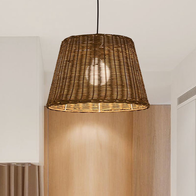 Orba da secchio Ampiccamento del soffitto Light Asia Stile asiatico Rattan 9,5 "/13" Larghezza 1 Lampada a ciondolo leggera in beige per sala da pranzo