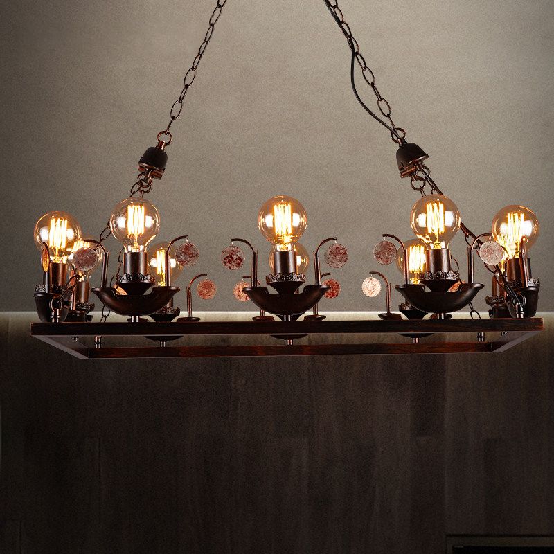 Rust Rectangular Pendant Chandelier Industrial Metal 10-Head Bedroom Hanging Ceiling Light