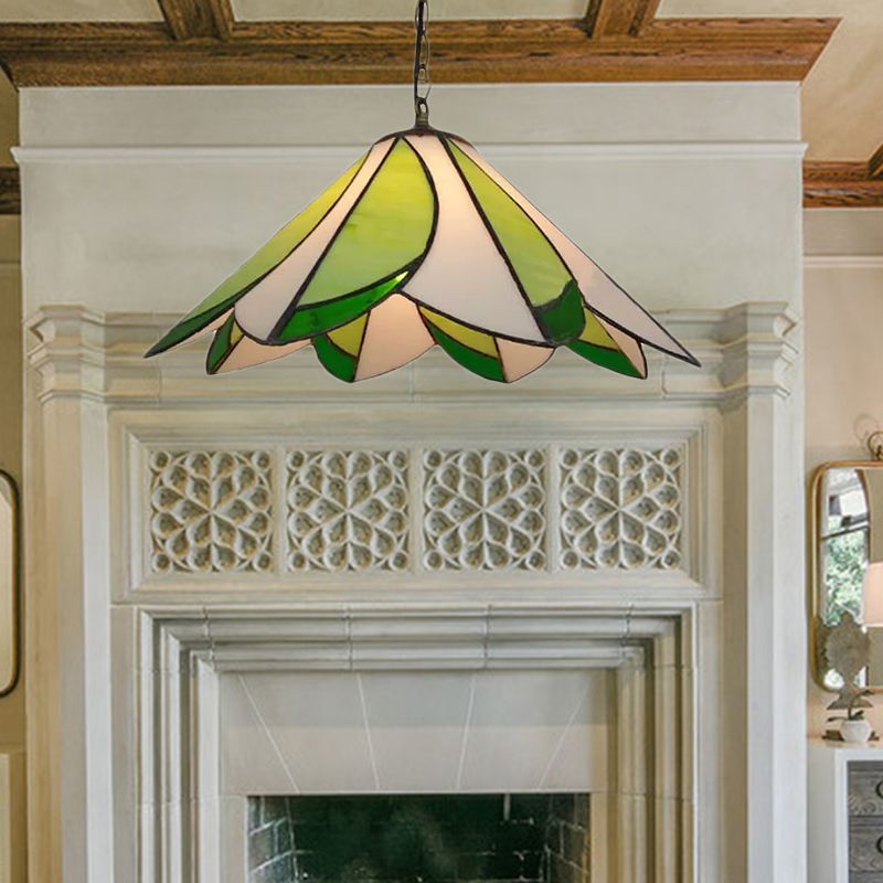 1 Bulb Ceiling Pendant Light Tiffany-Style Bloom Handcrafted Stained Glass Suspension Lighting in Green