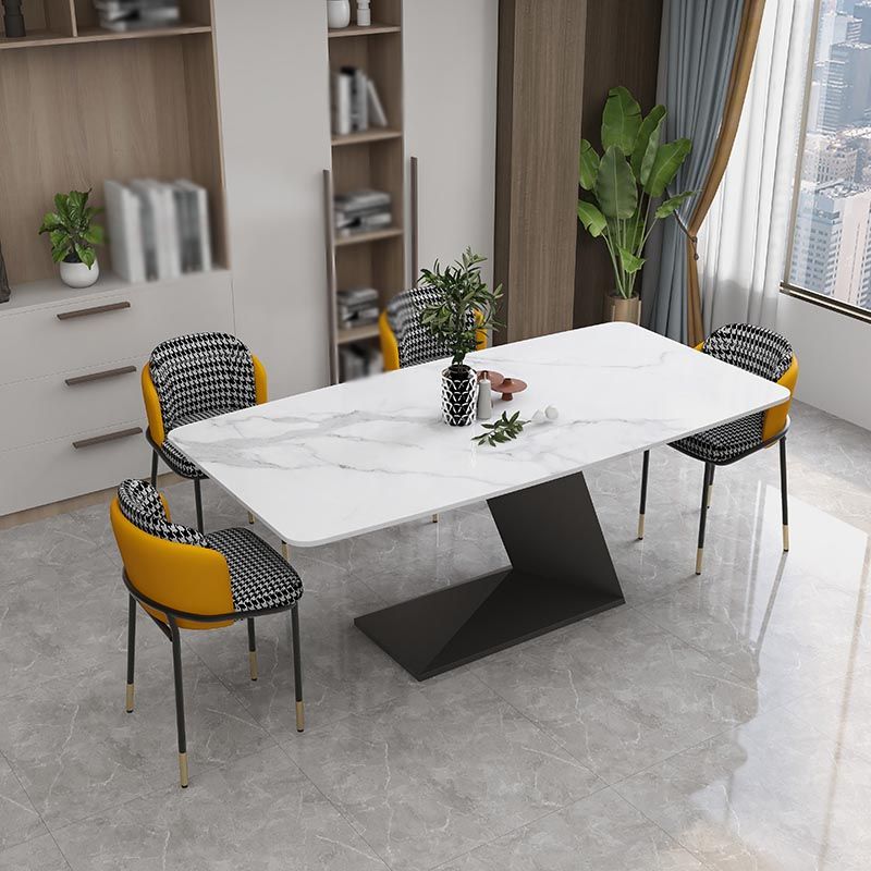 Stone Top Rectangle Dinner Table Modern Iron Pedestal Casual Dining Table