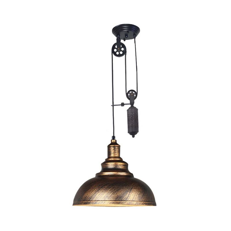 Rustic Industrial Dome Hanging Lamp with Pulley 1 Light Metal Pendant Light Fixture in Brown/Grey for Living Room