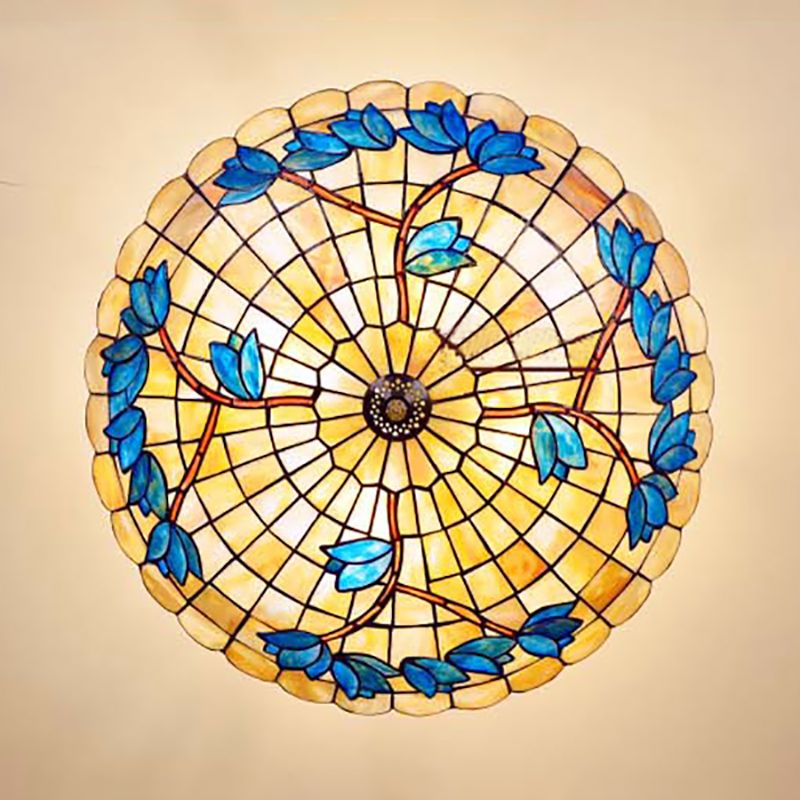 Retro Style Bowl Ceiling Light Fixture Stained Glass 4 Lights Semi Flush Light with Tulip Pattern for Dining Room