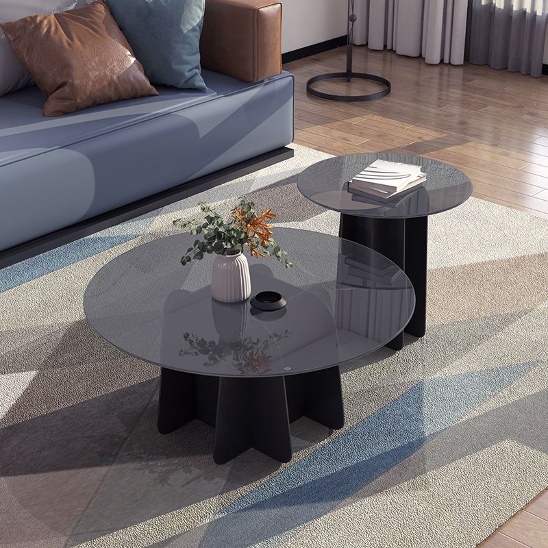 Pedestal Base Coffee Table Round Glass Cocktail Table in Black