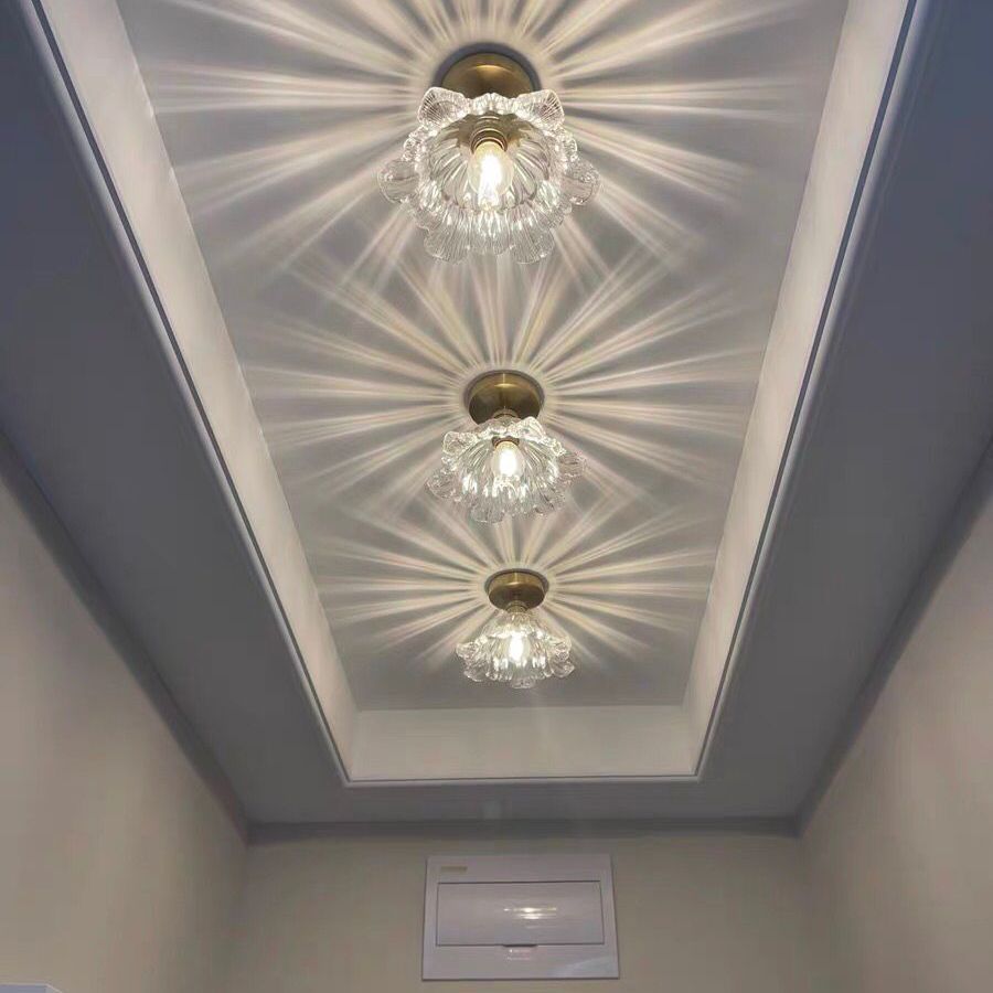 Balcony Aged Brass Flush Mount Flower Shape Frosted Glass Ceiling Light Fixture