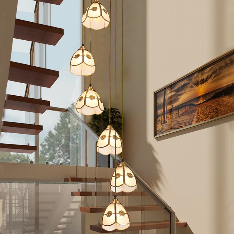 Geschulpte bel multi plafondlicht artistiek vorstglas 6 koppen koperen ophanging verlichting