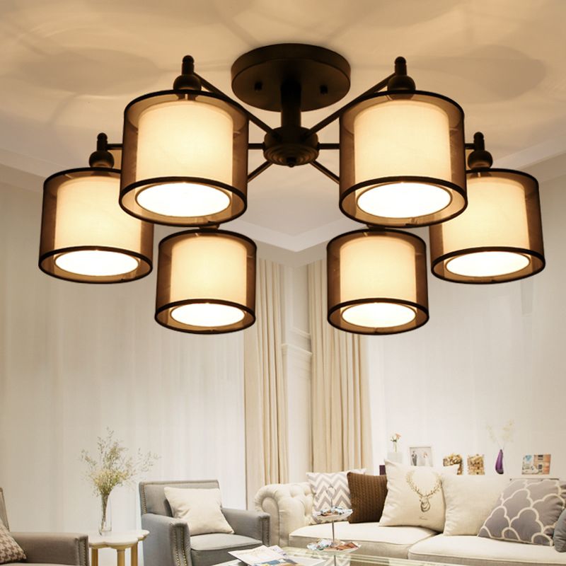 Hedendaagse cilindrische semi -flush mount stof woonkamer dicht bij plafond kroonluchter in zwart