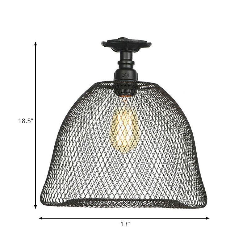 1 Bulb Saucer/Barrel Semi Flush Light Industrial Stylish Black Finish Metal Ceiling Mounted Light with Mesh Screen