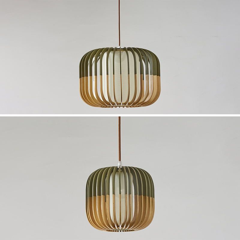 Green Color-Block Lantern Pendant Lamp Modern 1 Head Wooden Hanging Light for Dining Room