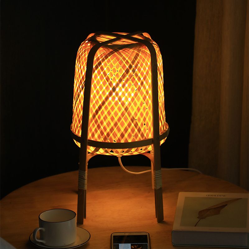 Beige Hand-Woven Table Light Asian Style 1 Bulb Bamboo Rattan Night Lamp for Bedside
