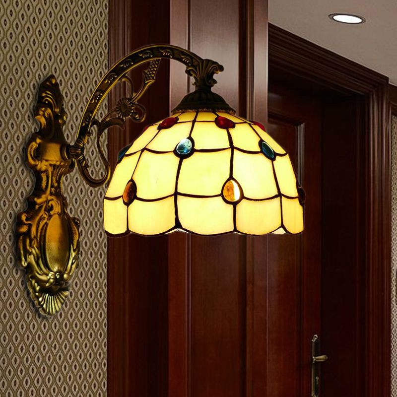 Yellow Wall Fixture Light Tiffany Stained Glass 1 Light Jewel Wall Sconce Lighting with Bowl Shade