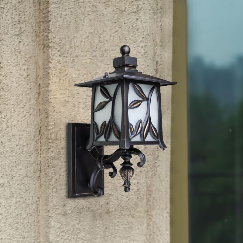 Opal Glass Black Sconce Shade Lantern 1 Bulb Countryside Wall Lighting with Leaf Design