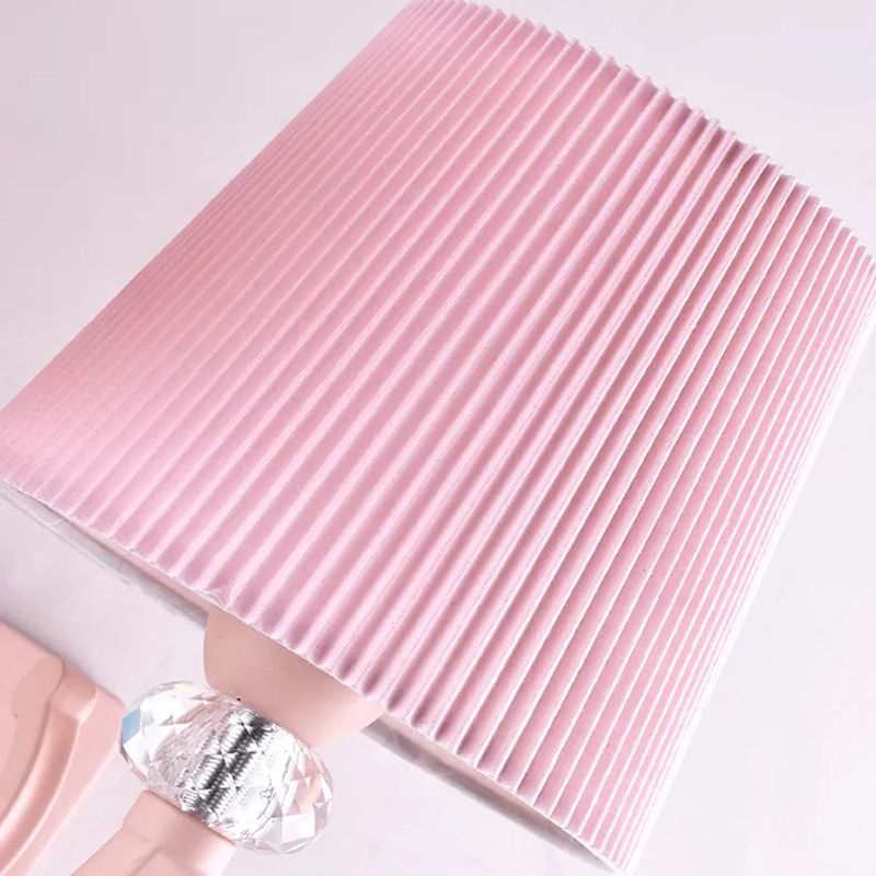 Fabric Fold Tapered Wall Lamp with Clear Crystal Girls Bedroom Kids Sconce Light in Pink Finish