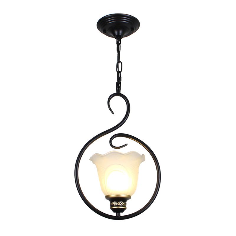 Black Bell Shade Ceiling Light Traditional Opal Glass 1 Head Dining Room Hooded Hanging Pendant Light
