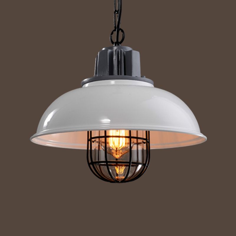 Bowl Bistro Hanging Light Kit Country Iron 1 Head Rust/White Pendant Lamp with Cage and Inner Glass Shade