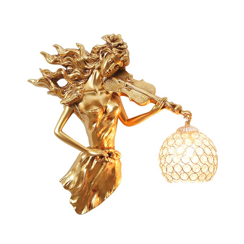 Antiqued Girl Holding Violin Wall Lamp Single Bulb Resin Wall Light Sconce with Ball Beveled Clear crystal Shade in White/Gold