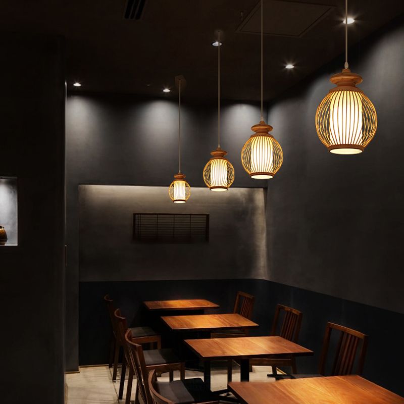 Modern Style Handwoven Ceiling Light Bamboo Single Restaurant Hanging Pendant Lighting