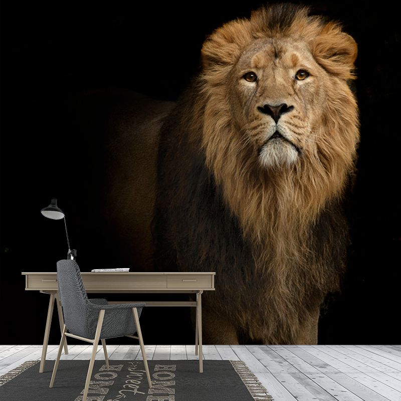Cool Lion in Darkness Mural Wallpaper for Living Room, Brown, Custom Size Available