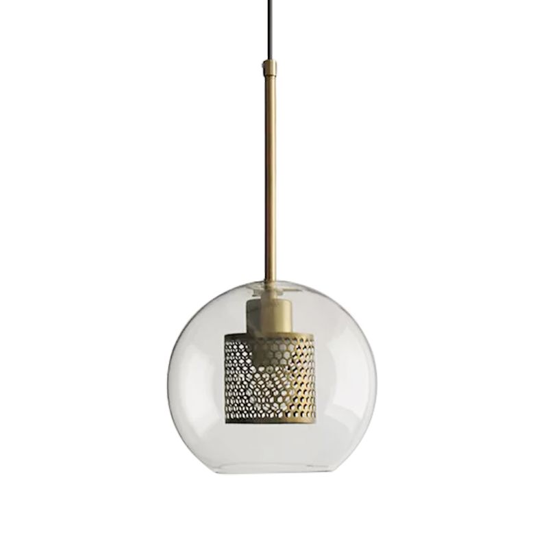 Cylindrical Bedroom Suspension Light Colonial Metal Mesh 1 Bulb Bronze/Silver Gray Pendant with Clear Glass Shade, 8"/9.5"/12" W