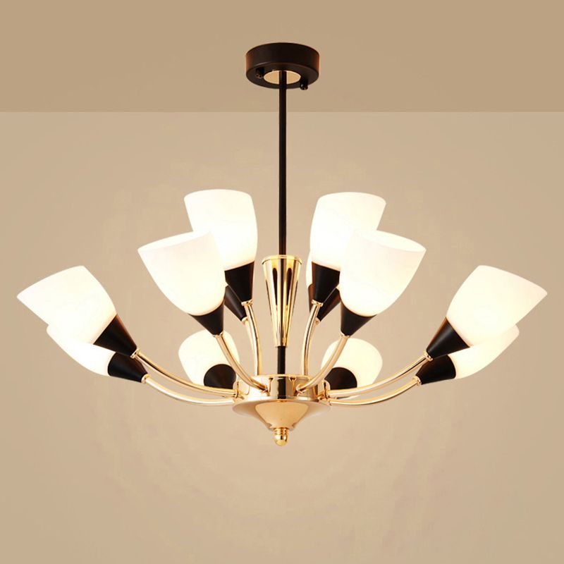 Gold 12 lumières lustre luminaire luminaire traditionnel en verre blanc ovale lampe à lampe à teinte avec conception de Spoutnik