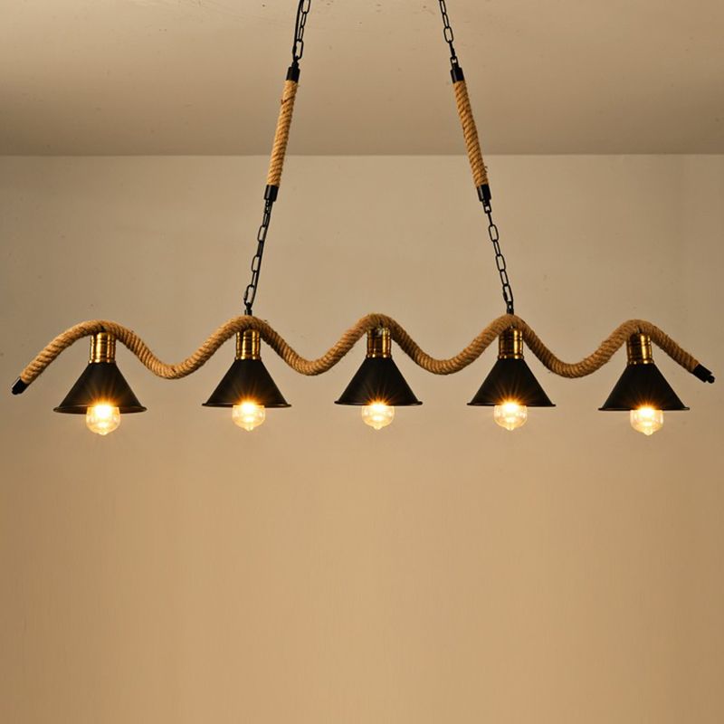 Schmiedeeisen schwarzes Insel Anhänger Licht im industriellen Vintage -Stil Hanfseildecke für Café