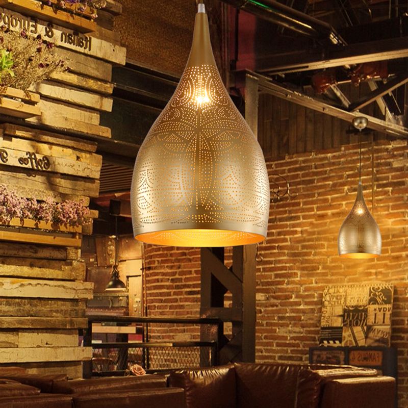 1 Light Teardrop Hanging Lighting Traditional Black/Silver/Brass Finish Metallic Ceiling Pendant Lamp