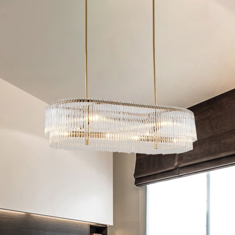 Brass Oval Island Lamp Postmodern 12 Lights Crystal Rod Hanging Ceiling Light for Dining Room