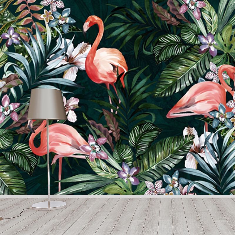 Tropical Flamingo and Forest Mural for Gallery, Extra Large Wall Covering in Soft Green