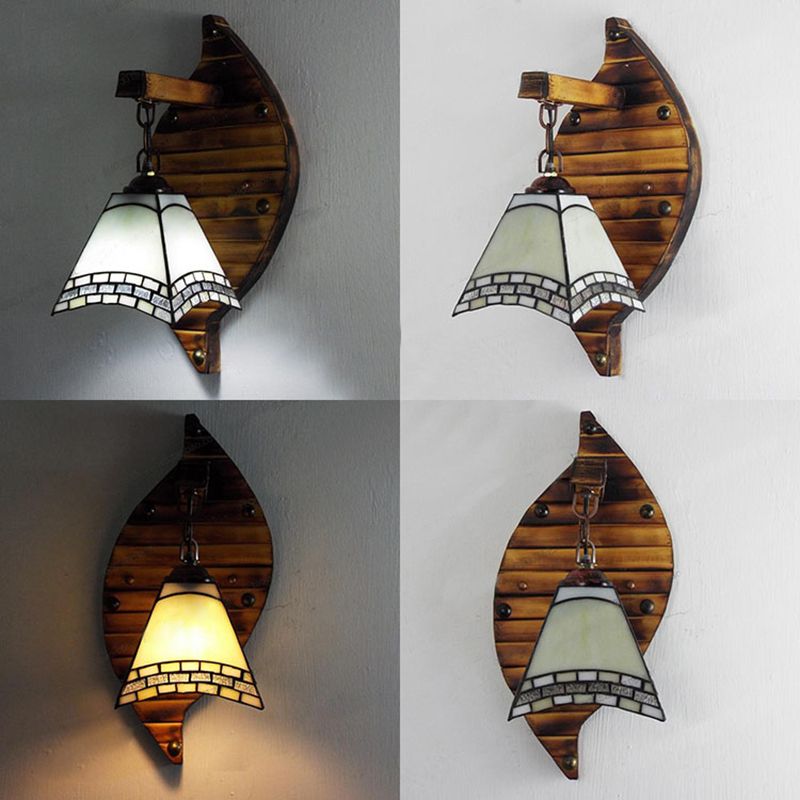 Cone Shape Wall Light Retro Style Colorful Stained Glass 1 Light Wall Sconce Lamp Fixture in White/Light Blue/Light Blue-White/Orange-Red/Yellow/White for Balcony