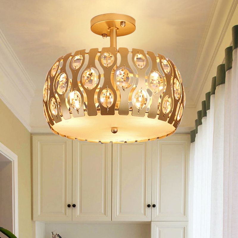 Drum Semi Flush Mount Light Modern Metal and Crystal 3 Lights Gold Ceiling Flush Mount Light