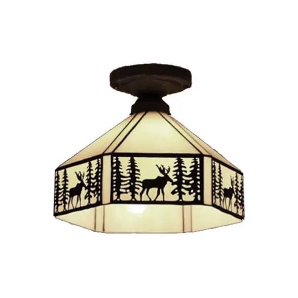 Plafonnier Mission, semi-plafonnier géométrique en beige avec abat-jour en verre artistique et motif de cerf pour chambre à coucher