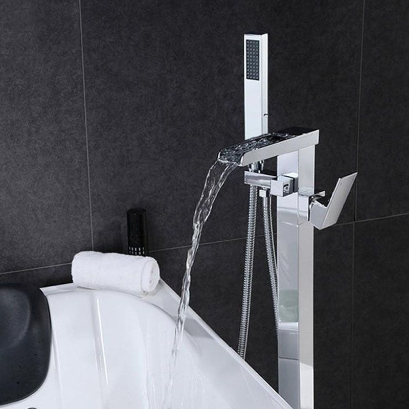 Brass Freestanding Tub Filler with Waterfall Spout Floor Mounted Bathroom Faucet