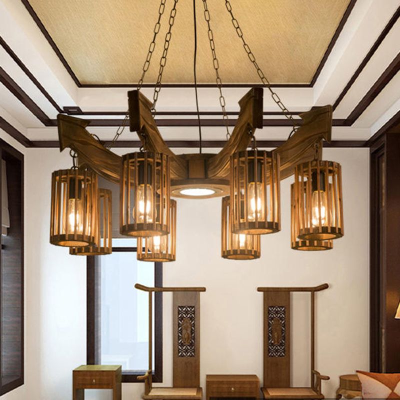 Farmhouse Cylindrical Cage Chandelier Light Wooden Hanging Lamp Kit for Dining Room