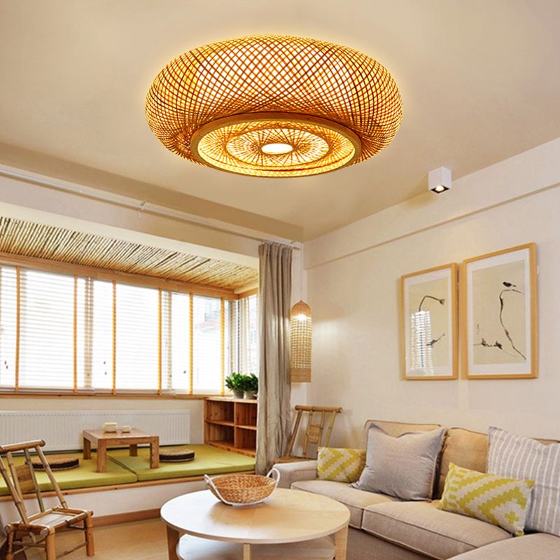 Drum Bamboo Flush Mount Lamp Asian Style Ceiling Lamp for Sitting Room
